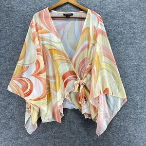 Ashley Stewart Blouse Women 14/16 Beige Geometric V-Neck Tie Up Long Sleeve